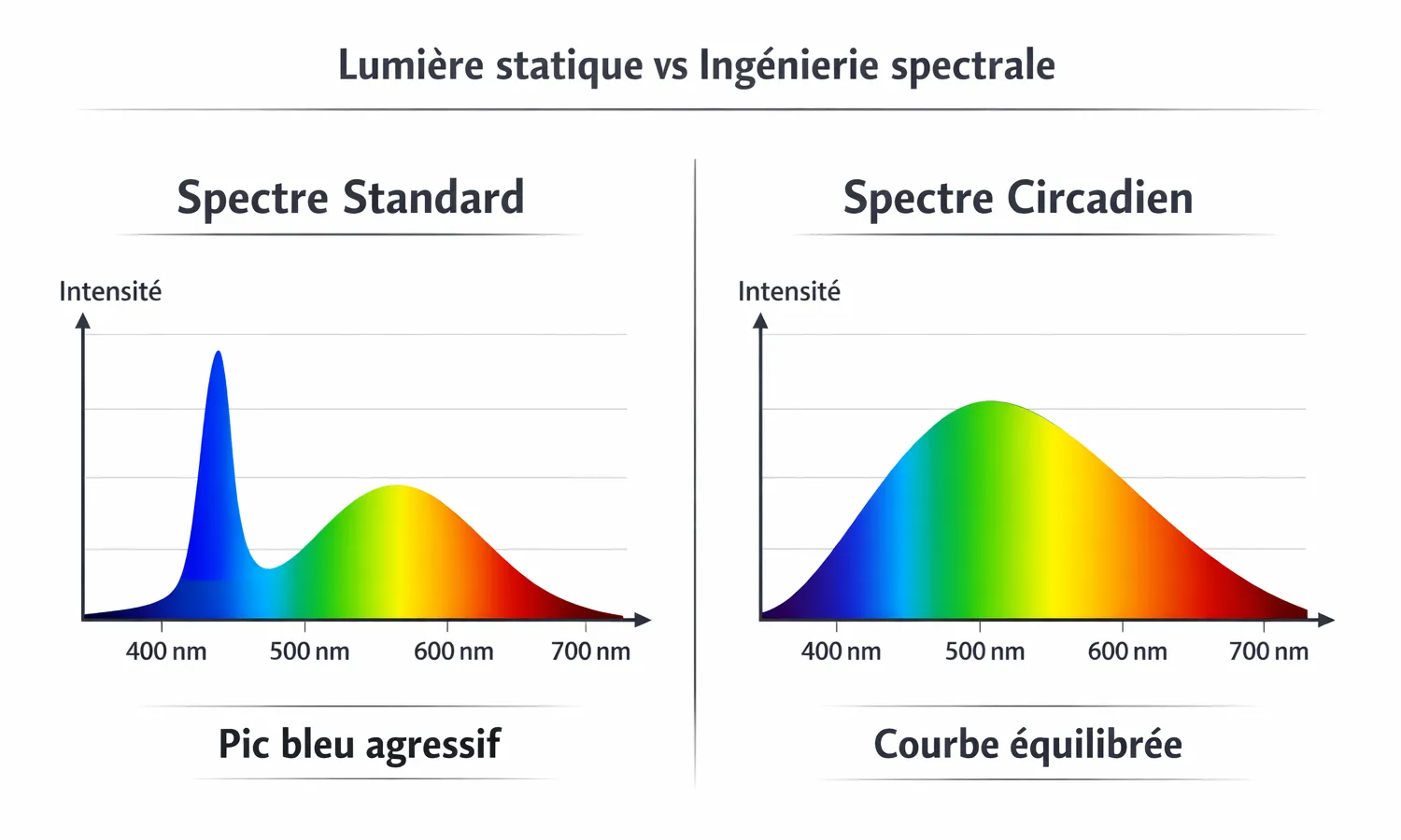 Eclairage circadien en salle de contrôle : Graphique comparatif entre un pic bleu agressif et une courbe lumineuse équilibrée.